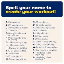 Spell out your host accommodation building name and build your host alphabet workout based on the exercise next to each letter. Stay Fit At Home Washington Mystics