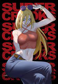 nemte namih, kasey (super crooks), super crooks, absurdres, highres, 1girl,  bare shoulders, belt, blue eyes, bracelet, breasts, brown belt, camisole,  copyright name, earrings, eyewear on head, feet out of frame, grey pants,