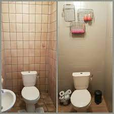 diy wc make over budget tegels geverfd met action verf vinyl op de vloer decoratie van kwantum badkamer opknappen badkamer tegelverf badkamer