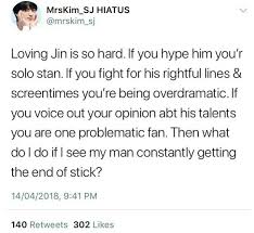 Jin Isn T My Bias But I Understand This A Lot Bc I Love All The Members It Feels Really Mean When Someone Else Puts A Fan Down F Seokjin Bts Bts