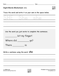 Check out our free collection of printable worksheets to teach pronouns for the kids of kindergarten.here some incomplete sentences are given and kids are asked to complete the sentence using pronouns like he or she.it's an interactive way of learning the pronouns which improves the thinking ability of the kids Sight Word Practice Worksheet She Childrens Educational Workbooks Books And Free Worksheets