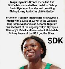 Ese brume dedicates her medal to bishop oyedepo. 5egonl4iinawom
