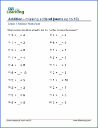 Grade 1 Math Worksheet Addition With Missing Addends Sums Up To 10 K5 Learning
