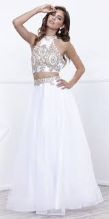 White Gold Embellished Halter Two Piece Prom Dress Long Piece Prom Dress A Line Prom Dresses Prom Dresses Long