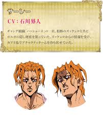サーレー ギャング組織 パッショーネ の一員 相棒のズッケェロと共にポルポの隠し財産を狙っていた ズッケェロからの情報を受け カプリ島でブチャラティチームを待ち伏せていた ジョジョ アニメ ジョジョ ジョジョの奇妙な冒険 アニメ