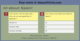 This covers everything from disney, to harry potter, and even emma stone movies, so get ready. Trivia Quiz All About Spain