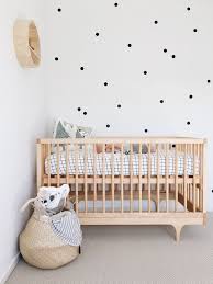 Beautiful Modern And Minimalist Nursery White And Wood With Polka Dots Wall Paper Baby Room Inspiration Baby Room Design Kid Room Decor