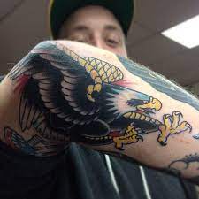 American Traditional Eagle By Jake Haag At A Brand New Tattoo Eau Claire Wi Elbow Tattoos Traditional Eagle Tattoo Traditional Tattoo