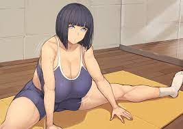 metal owl (aden12), hyuuga hinata, naruto, naruto (series), white legwear,  highres, 1girl, black hair, blue tank top, blunt bangs, breasts, cleavage,  curvy, female focus, hime cut, huge breasts, indoors, large breasts, mature