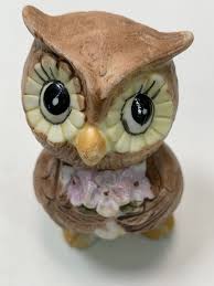 Big Eye Bisque Ceramic Owl Holding Bouquet of Flowers Figurine 2.5"