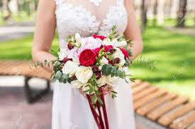 I have inserted roses across the complete design and it is ready to carry down the aisle. Wedding Bouquet With White And Red Roses Eucalyptus And Hydrangea Stock Photo Picture And Royalty Free Image Image 73192360