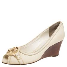 Tory Burch Off White Leather Logo Embellished Wedge Pumps Size 37 Tory  Burch
