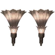 Pair of art deco skyscraper style sconces in nickeled bronze and frosted glass. French Art Deco Sabino Glass Wall Sconces