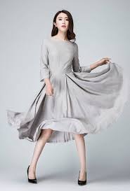 Light Gray Midi Dress Women Linen Dress With Bateau Neckline Linen Dress Women Summer Linen Dresses Womens Midi Dresses