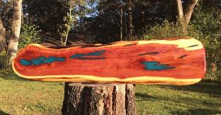 Handmade Live Edge Red Cedar Wood Topaz Blue Resin Accent Console Table Top Red Cedar Wood Wood Table Rustic Accent Consoles