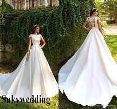 Discount2019 Gorgeous Lace Garden Wedding Dresses Short Sleeve A Line Satin Appliques Princess Country Bridal Gowns Sweep Train Vestido De Noiva From Sukyweddin Country Bridal Gown Bridal Gowns Long Bridal Gown