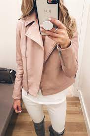 Loft Sale Dressing Room Selfies Pink Faux Leather Moto Jacket Casual Fall Outfits Blush Outfit Popular Outfits