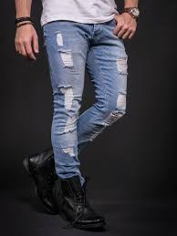 Adj Men Slim Fit Ripped Destroyed Jeans Light Blue Ropa Masculina Pantalones De Mezclilla Ropa
