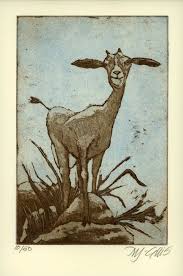 Etching Goat Olive Sepia Sky Blue Printmaking Home Interior Farm Kitchen Country Cottage Pets Rustic Decor Farm Ani Goat Art Animal Drawings Woodcut