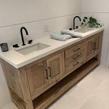 This vanity includes full extension drawers, tipout trays, and an open bottom shelf to accentuate the bath with storage solutions. Pin By Shelly Highfield Tanner On Bathroom Designs In 2021 Custom Vanity Vanity Wooden Bathroom Vanity