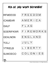 These free puzzles and word jumble games will challenge your problem solving skills on a variety featuring both questions and answers these cool word scrambles make for great activity worksheets that will test kids knowledge and problem solving. 4th Of July Word Scramble Puzzle Answer Key Woo Jr Kids Activities