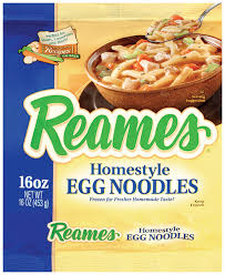 A type of pasta made with flour and water and sometimes eggs, cut into thin strips. Reames Homestyle Egg Noodles 16 Oz Reames