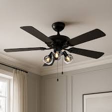 Ceiling Fan Black with Wood Print 107.5cm 3-Lights with Pull Switch -  Mistral Vidro | Lampandlight