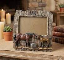 Comfy Hour Western Retro Collection Wild Rustic Wood Imitated Double Horse  7.48" x 7.75" Photo Picture Frame, Aged Old Fashioned - Brown, Polyresin