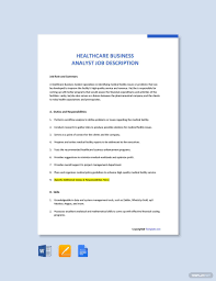 Free Healthcare Business Analyst Job Description Template Word Google Docs Apple Mac Pages In 2020 Job Description Template Job Description Job Ads