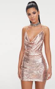 Rose Gold Sequin Chain Choker Mini Dress Shop The Range Of Dresses Today At Prettylittlething Express Delivery A Sparkly Dress Gold Sparkly Dress Mini Dress
