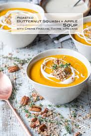 Roasted Butternut Squash And Apple Soup With Thyme Pecans And Creme Fraiche Shared Appetite Recipe Roasted Butternut Squash Roasted Butternut Soup Recipes Healthy Vegetarian