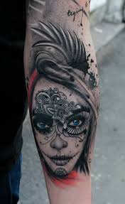 Black And White Realistic Sugar Skull Tattoo I Love The All Black With Popping Blue Eyes It Really Makes The Tattoo Stand Out Tattoo Sugar Skull Tattoos Tattoos Body Art Tattoos