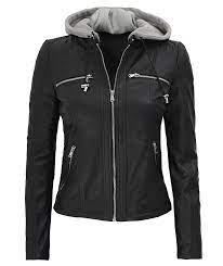 Womens Black Hooded Leather Jacket Cafe Racer Australia