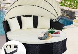 Costway Outdoor Patio Sofa Furniture Round Retractable Canopy Daybed Black Wicker Rattan Outdoor Daybed Daybed Canopy Wicker Patio Furniture