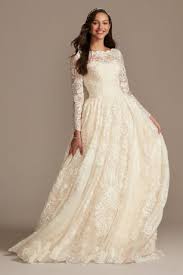 Long Sleeve Beaded Lace Folded Skirt Wedding Dress David S Bridal Wedding Dresses Davids Bridal Wedding Dresses Petite Wedding Dress