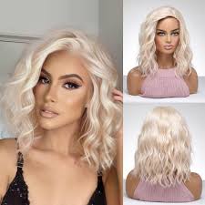 WS-02 Women's Wavy Wig With Hair Bang Shoulder Length Bob Wigs Synthetic  Heat Resistant Curly Wigs Colorful For Party Daily (Blonde)