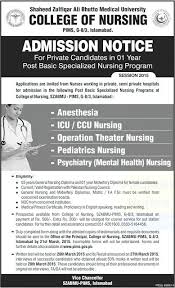 Admissions Notice College Of Nursing Pims 1 Year Post Basic Specialisation For Private Candidates Nursing Programs Medical University Admissions