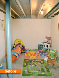 Before After Unfinished Basement Into Organized Chaos Play Space Unfinished Basement Playroom Unfinished Basement Unfinished Basement Walls