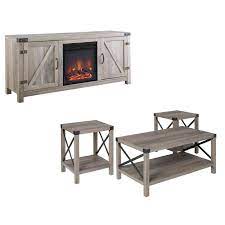 Coffee table and tv stand set grey. Farmhouse Fireplace Tv Stand With Coffee Table And 2 End Table Set In Gray Wash Walmart Com Walmart Com