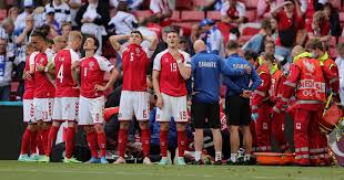 Christian eriksen is taken off the pitch on a stretcher. P3cpzftph13zqm