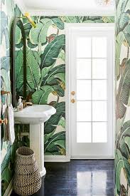 Small Power Room With Tropical Wallpaper And Woven Basket Painting Bathroom Powder Room Small Decor