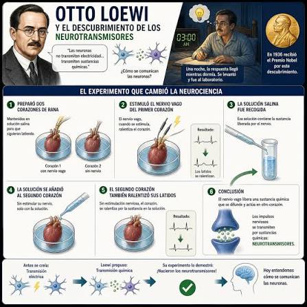 Descubrimiento de los neurotransmisores por Otto Loewi. Antes se pensaba  que los impulsos nerviosos de una neurona a otra era una simple transmision  electrica pero Otto loewi estaba convencido de que las