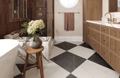 Classic 45-degree diamond checkerboard floor expanding sightlines, AI generated