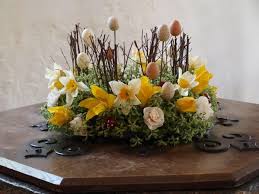 Easter Floral Display On The Font Easter Flower Arrangements Easter Floral Arrangement Easter Church Flowers
