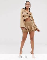 Missguided Petite Exclusive Co Ord Satin Ruffle Shorts In Gold Asos