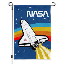 Nasa's space shuttle was the world's first reusable spacecraft. Nasa Logo Over Space Shuttle With Rainbow Garden Yard Flag Walmart Com Walmart Com