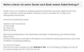 Dann wird es wohl so laufen das du das paket mit dem router innerhalb der nächsten woche wieder zurück bekommst, da eine verspätete rücksendung (die 14 tage wären dann weit überschritten) der geräte nicht akzeptiert wird. Rucksendung Nach Kundigung Vodafone Community