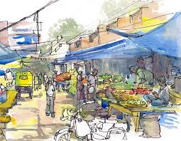 Hang out at the electric palace picture house and theatre, the boutique bull hotel & restaurant or join in the annual literary and beer festivals. India Sketch Farmer S Market Under The Blue Tarps Fresh Etsy Urban Sketchers Market Illustration Urban Sketching