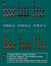Doragon bōru zetto, commonly abbreviated as dbz) is a japanese anime television series produced by toei animation.part of the dragon ball media franchise, it is the sequel to the 1986 dragon ball anime series and adapts the latter 325 chapters of the original dragon ball manga series created by akira toriyama, which ran in weekly. Game Boy Advance Dragon Ball Z The Legacy Of Goku King Kai Gregory And Bubbles The Spriters Resource