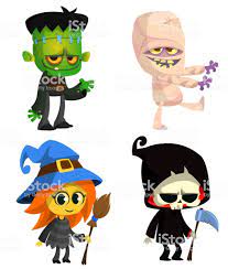 Set Of Halloween Characters Vector Cartoon Zombie Mummy Witch With Zombie Cartoon Cartoon Witch Halloween Cartoons
